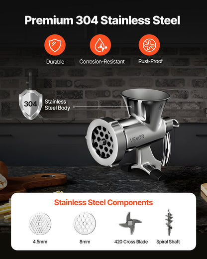 Manual Meat Grinder, 304 Stainless Steel Hand Crank Meat Mincer with Steel Table Clamp, Sausage Stuffer with 2 Cutting Plates & Sausage Tube, Food Grinder for Beef Chili Pork Kitchen Tabletop