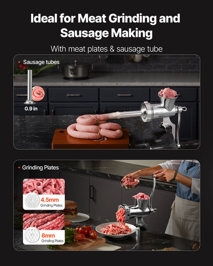 Manual Meat Grinder, 304 Stainless Steel Hand Crank Meat Mincer with Steel Table Clamp, Sausage Stuffer with 2 Cutting Plates & Sausage Tube, Food Grinder for Beef Chili Pork Kitchen Tabletop