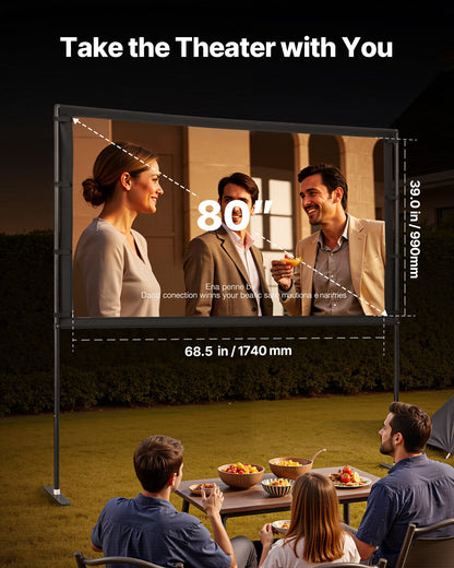Projector Screen with Stand, 80 Inch 160° Wide Angle Indoor Outdoor Projection Screen, 16:9 4K HD Wrinkleless Portable Dual-Stand Screens with Carry Bag, for Movie Home Theater Presentation