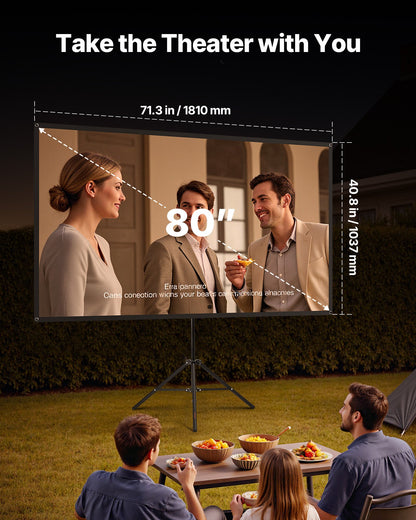 Projector Screen with Stand, 80 Inch 160° Wide Angle Indoor Outdoor Projection Screen, 16:9 4K HD Wrinkleless Portable Tripod Screens with Carry Bag, for Movie Home Theater Office Presentation