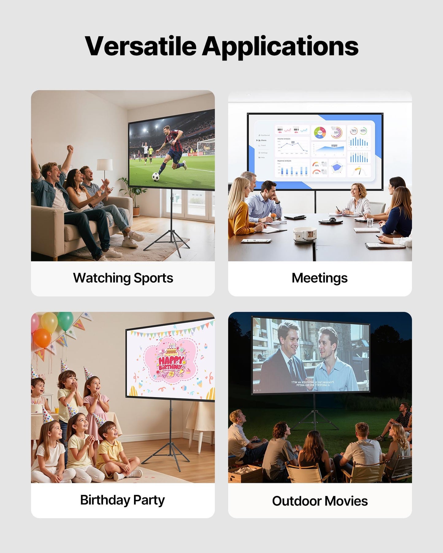 Projector Screen with Stand, 80 Inch 160° Wide Angle Indoor Outdoor Projection Screen, 16:9 4K HD Wrinkleless Portable Tripod Screens with Carry Bag, for Movie Home Theater Office Presentation