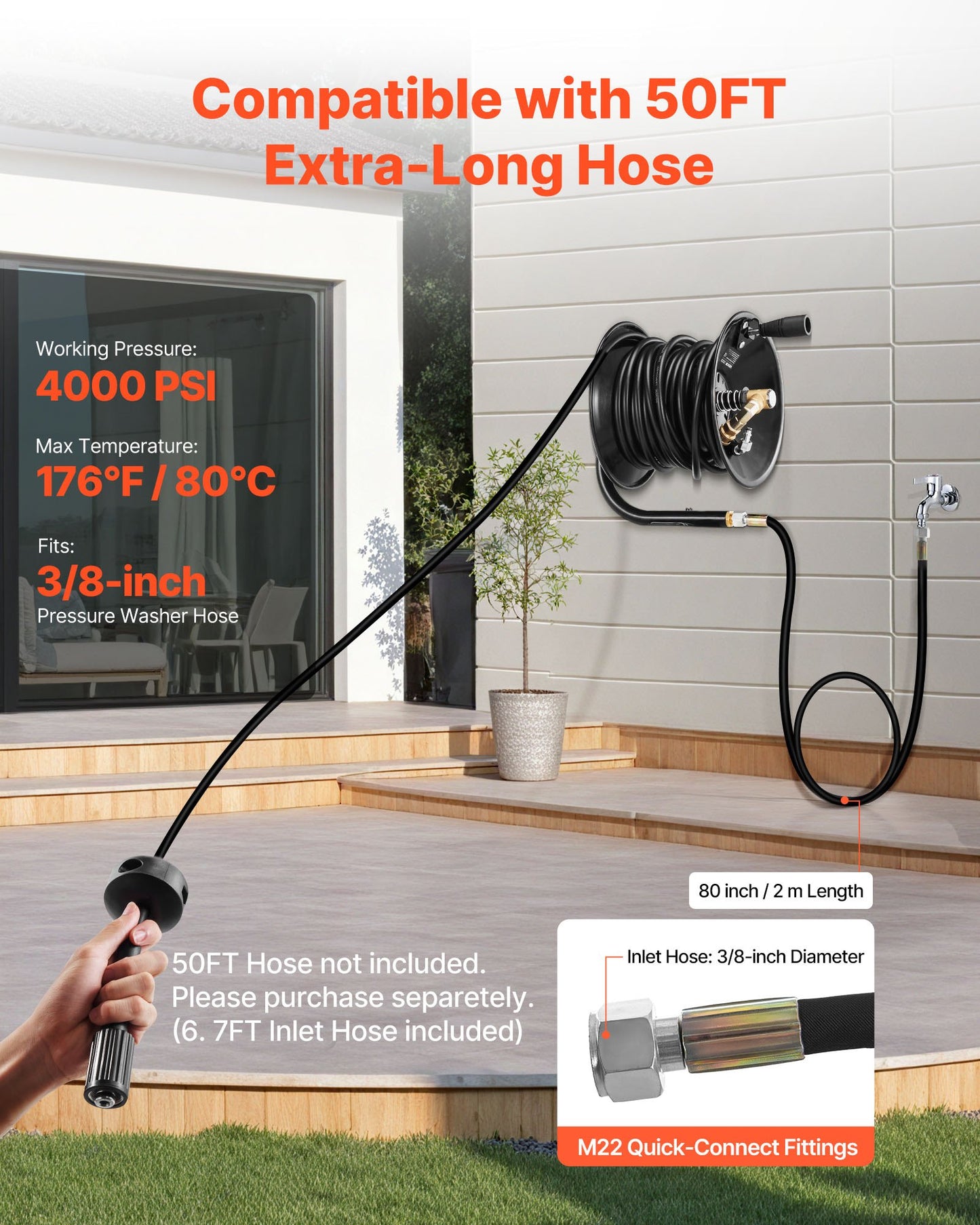 Pressure Washer Hose Reel, 50 ft x 3/8 inch Heavy-Duty Steel Bracket-Mounted Pressure Hose Reel, Wall/Floor/Truck Mount, 4000PSI Max, Manual Power Hand Crank for Car/Floor Washing,Garden