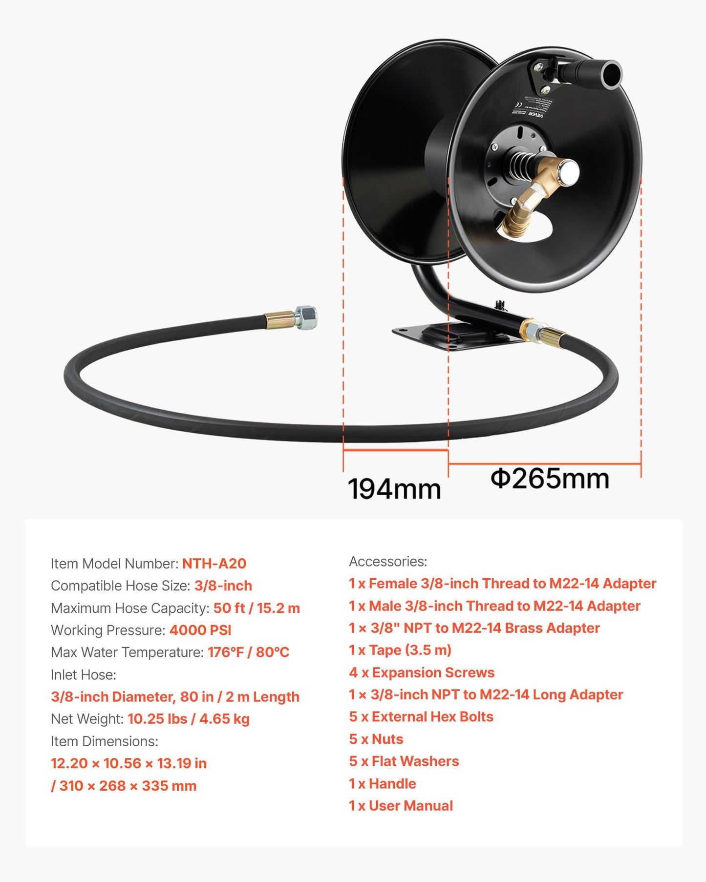 Pressure Washer Hose Reel, 50 ft x 3/8 inch Heavy-Duty Steel Bracket-Mounted Pressure Hose Reel, Wall/Floor/Truck Mount, 4000PSI Max, Manual Power Hand Crank for Car/Floor Washing,Garden