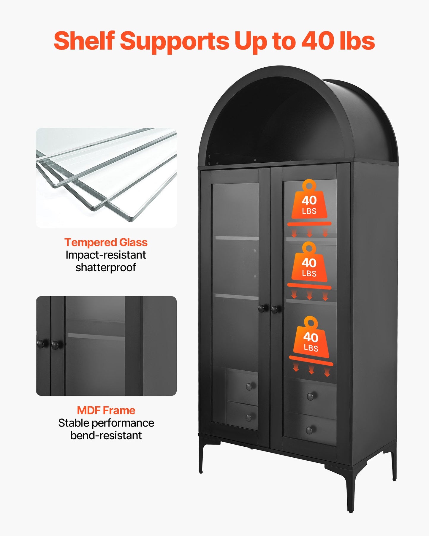 Arched Display Cabinet with Glass Doors, 70 in Tall Curio Cabinet, 4-Tier Display Case with 2 Adjustable Shelves, Bookcase Bookshelf for Collectibles Storage Bedroom Living Room Office