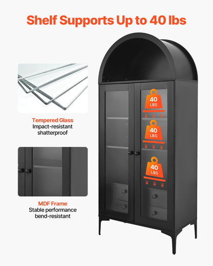 Arched Display Cabinet with Glass Doors, 70 in Tall Curio Cabinet, 4-Tier Display Case with 2 Adjustable Shelves, Bookcase Bookshelf for Collectibles Storage Bedroom Living Room Office