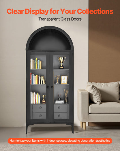 Arched Display Cabinet with Glass Doors, 70 in Tall Curio Cabinet, 4-Tier Display Case with 2 Adjustable Shelves, Bookcase Bookshelf for Collectibles Storage Bedroom Living Room Office