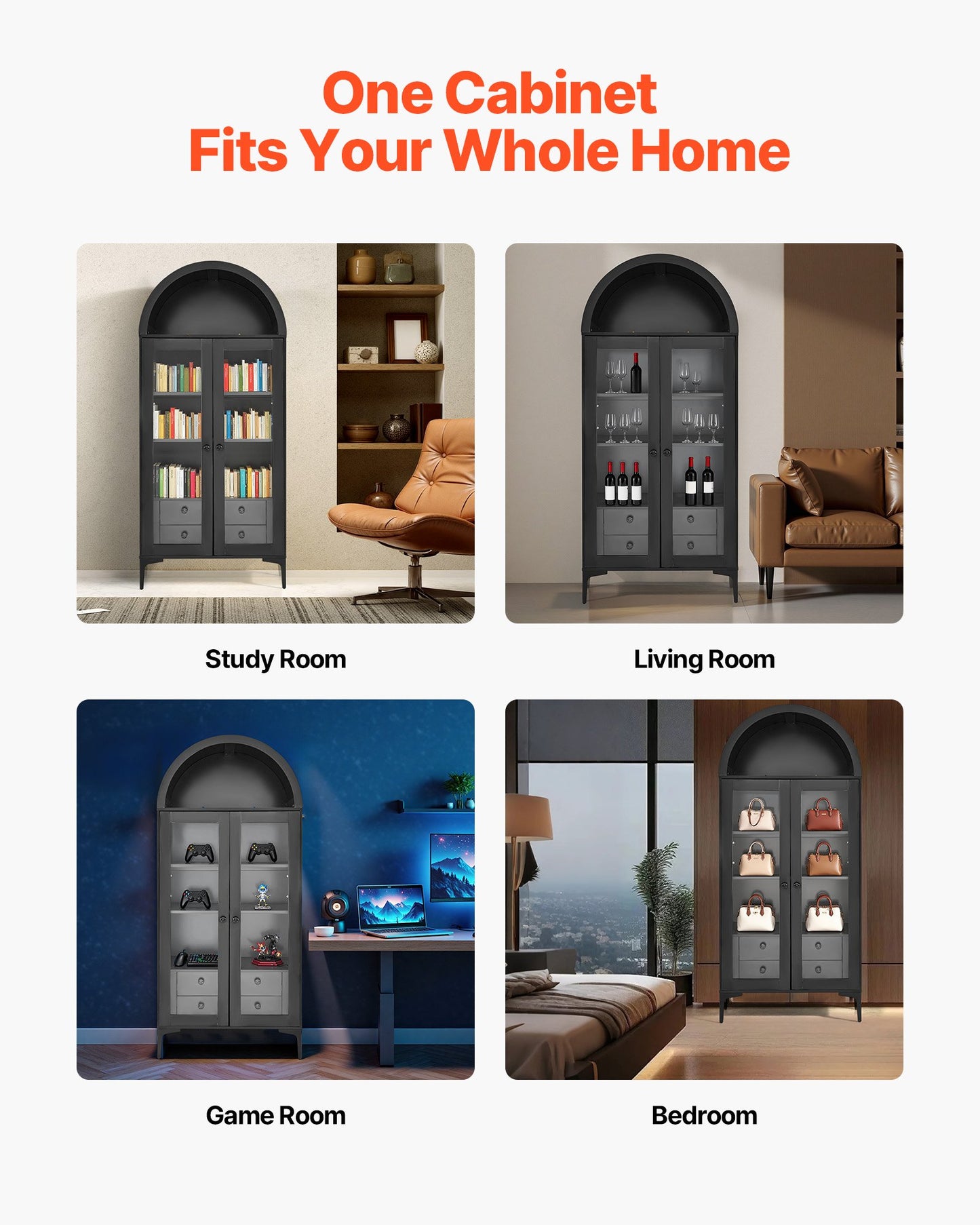 Arched Display Cabinet with Glass Doors, 70 in Tall Curio Cabinet, 4-Tier Display Case with 2 Adjustable Shelves, Bookcase Bookshelf for Collectibles Storage Bedroom Living Room Office