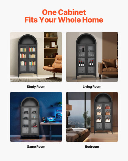 Arched Display Cabinet with Glass Doors, 70 in Tall Curio Cabinet, 4-Tier Display Case with 2 Adjustable Shelves, Bookcase Bookshelf for Collectibles Storage Bedroom Living Room Office