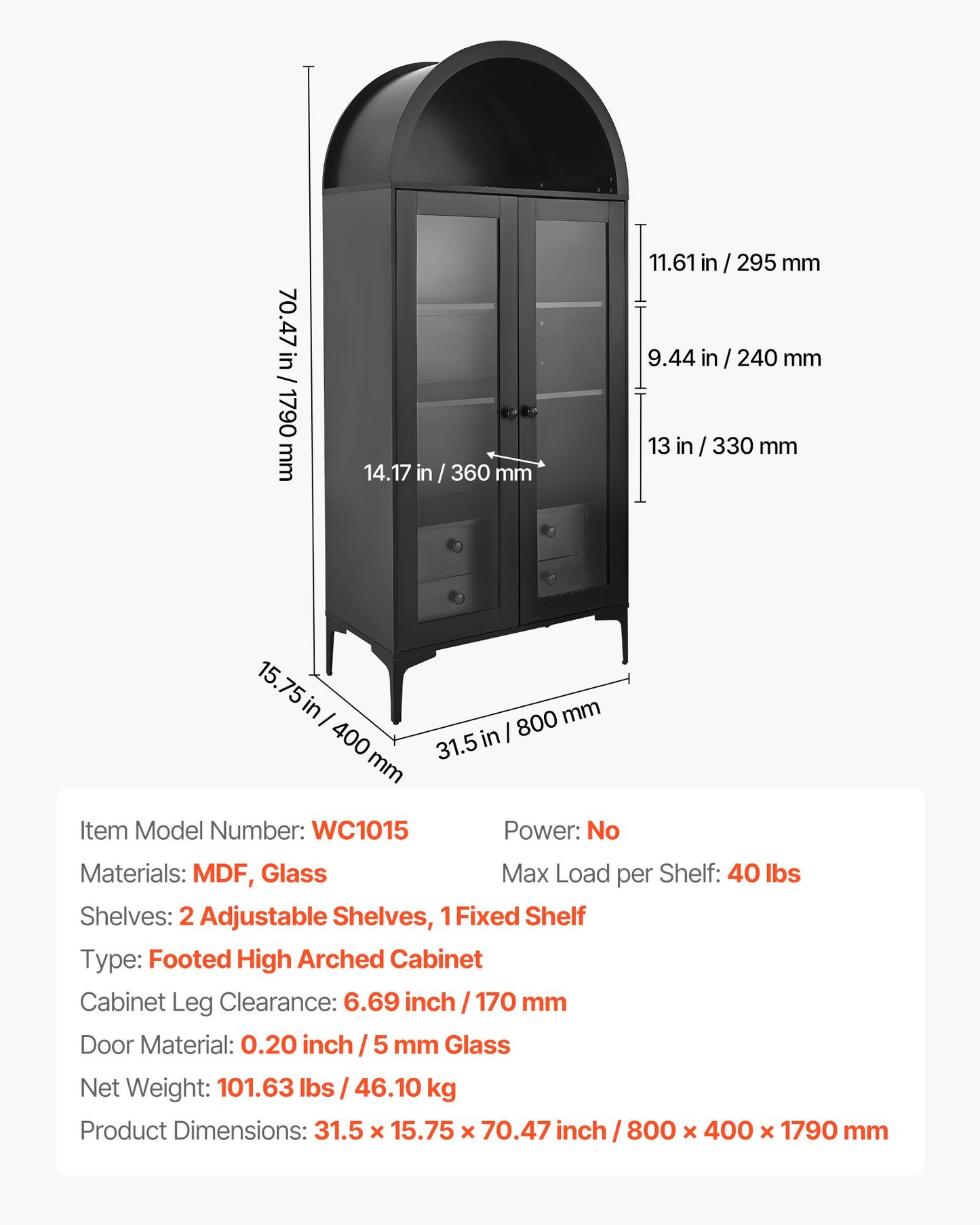 Arched Display Cabinet with Glass Doors, 70 in Tall Curio Cabinet, 4-Tier Display Case with 2 Adjustable Shelves, Bookcase Bookshelf for Collectibles Storage Bedroom Living Room Office