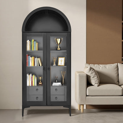 Arched Display Cabinet with Glass Doors, 70 in Tall Curio Cabinet, 4-Tier Display Case with 2 Adjustable Shelves, Bookcase Bookshelf for Collectibles Storage Bedroom Living Room Office