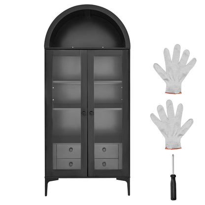 Arched Display Cabinet with Glass Doors, 70 in Tall Curio Cabinet, 4-Tier Display Case with 2 Adjustable Shelves, Bookcase Bookshelf for Collectibles Storage Bedroom Living Room Office