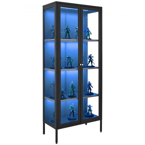 Display Cabinet with Glass Door, 66 in Tall 4-Tier Lighted Display Case with 3 Color Lights, Metal Storage Cabinet with 3 Adjustable Shelves, Curio Cabinet for Collectibles Figures Trophy