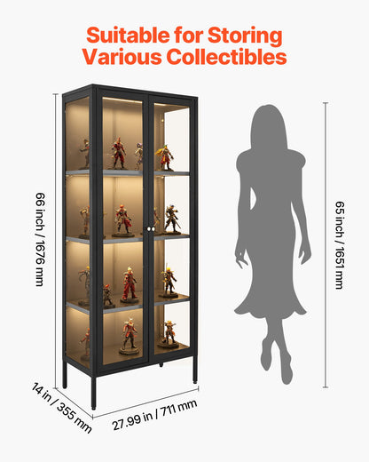 Display Cabinet with Glass Door, 66 in Tall 4-Tier Lighted Display Case with 3 Color Lights, Metal Storage Cabinet with 3 Adjustable Shelves, Curio Cabinet for Collectibles Figures Trophy