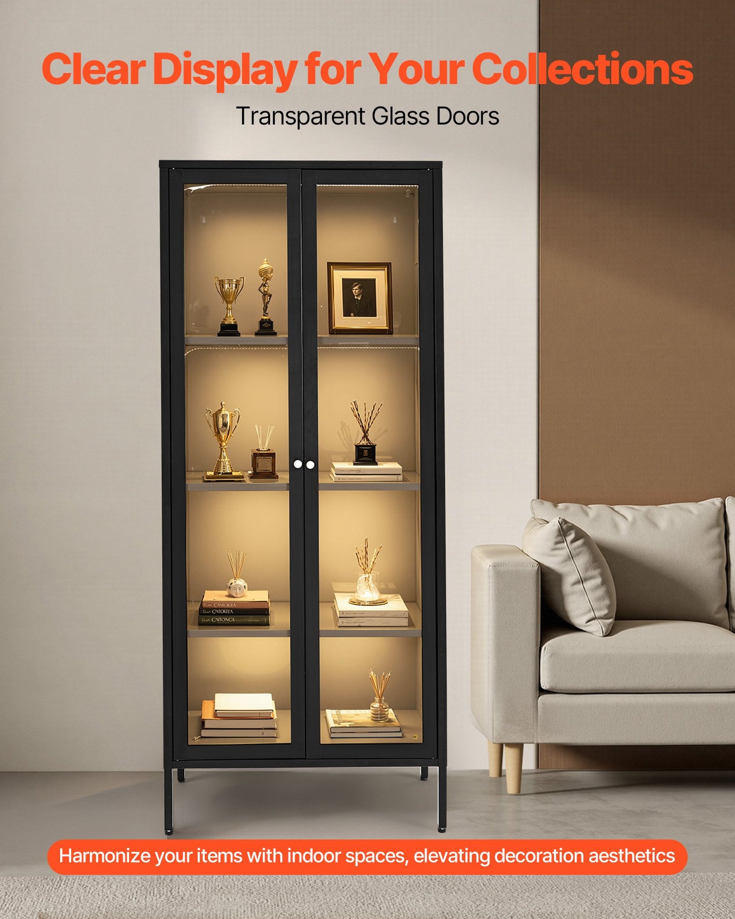 Display Cabinet with Glass Door, 66 in Tall 4-Tier Lighted Display Case with 3 Color Lights, Metal Storage Cabinet with 3 Adjustable Shelves, Curio Cabinet for Collectibles Figures Trophy