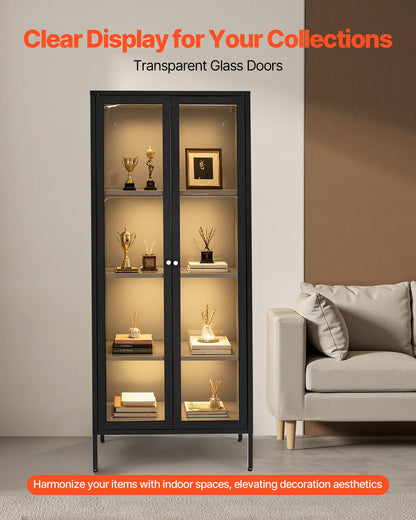 Display Cabinet with Glass Door, 66 in Tall 4-Tier Lighted Display Case with 3 Color Lights, Metal Storage Cabinet with 3 Adjustable Shelves, Curio Cabinet for Collectibles Figures Trophy