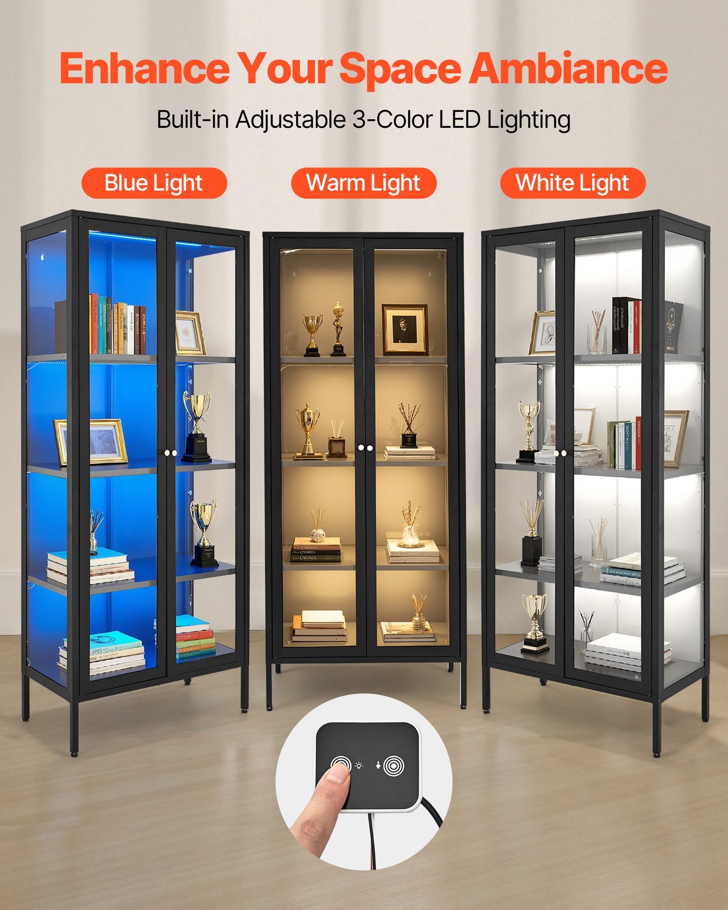 Display Cabinet with Glass Door, 66 in Tall 4-Tier Lighted Display Case with 3 Color Lights, Metal Storage Cabinet with 3 Adjustable Shelves, Curio Cabinet for Collectibles Figures Trophy