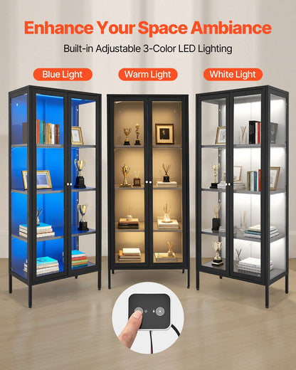 Display Cabinet with Glass Door, 66 in Tall 4-Tier Lighted Display Case with 3 Color Lights, Metal Storage Cabinet with 3 Adjustable Shelves, Curio Cabinet for Collectibles Figures Trophy