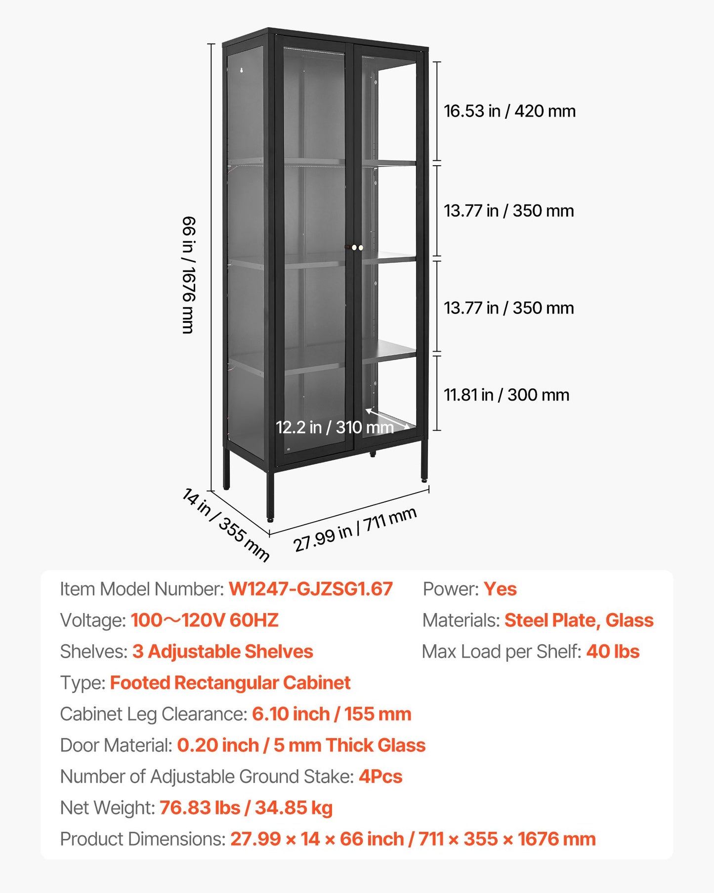 Display Cabinet with Glass Door, 66 in Tall 4-Tier Lighted Display Case with 3 Color Lights, Metal Storage Cabinet with 3 Adjustable Shelves, Curio Cabinet for Collectibles Figures Trophy