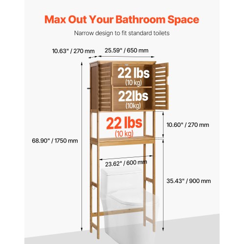 Bamboo storage cabinet over the toilet with adjustable shelf 170 cm high