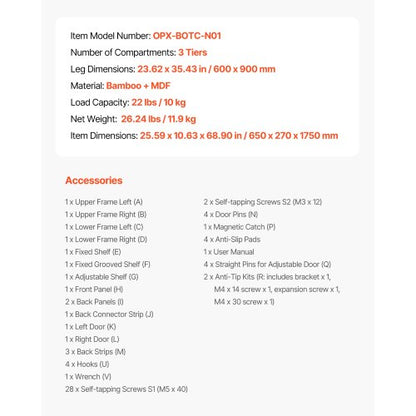 Bamboo storage cabinet over the toilet with adjustable shelf 170 cm high