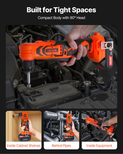 Right Angle Drill, 3/8 Inch Chuck, 90 Degree Cordless Right Angle Drill with Brushless Motor, Battery, Charger, and Belt Clip, Adjustable Speed, for Fastening and Loosening in Tight Spaces