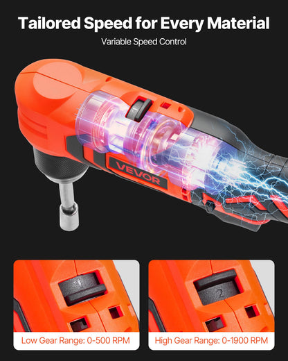 Right Angle Drill, 3/8 Inch Chuck, 90 Degree Cordless Right Angle Drill with Brushless Motor, Battery, Charger, and Belt Clip, Adjustable Speed, for Fastening and Loosening in Tight Spaces