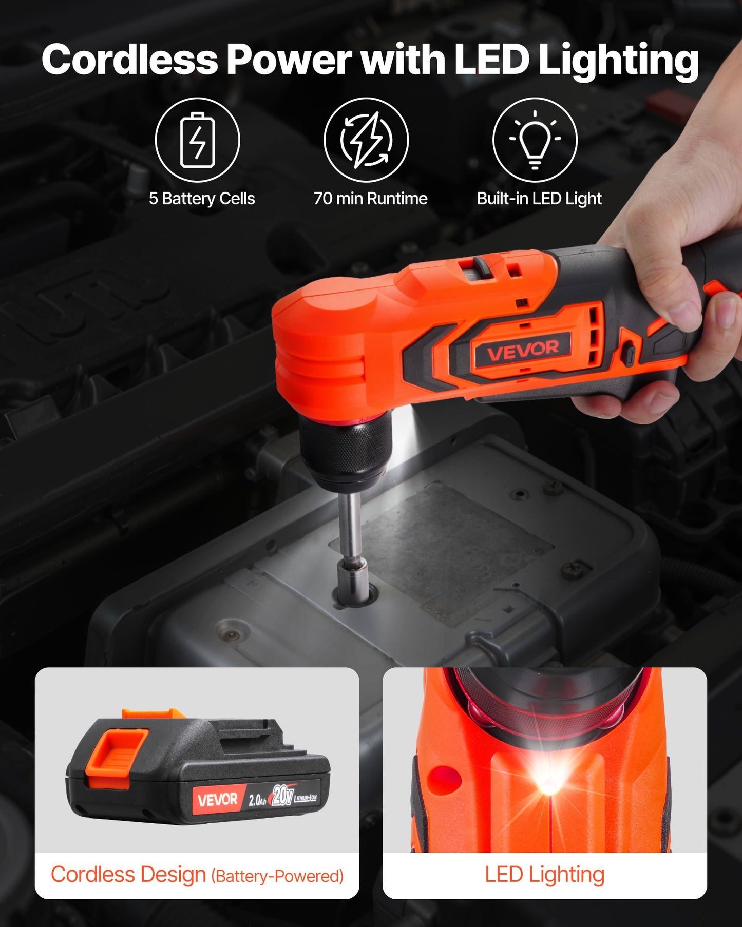 Right Angle Drill, 3/8 Inch Chuck, 90 Degree Cordless Right Angle Drill with Brushless Motor, Battery, Charger, and Belt Clip, Adjustable Speed, for Fastening and Loosening in Tight Spaces