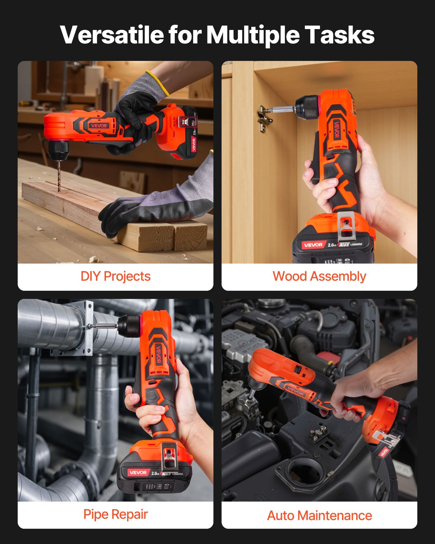 Right Angle Drill, 3/8 Inch Chuck, 90 Degree Cordless Right Angle Drill with Brushless Motor, Battery, Charger, and Belt Clip, Adjustable Speed, for Fastening and Loosening in Tight Spaces