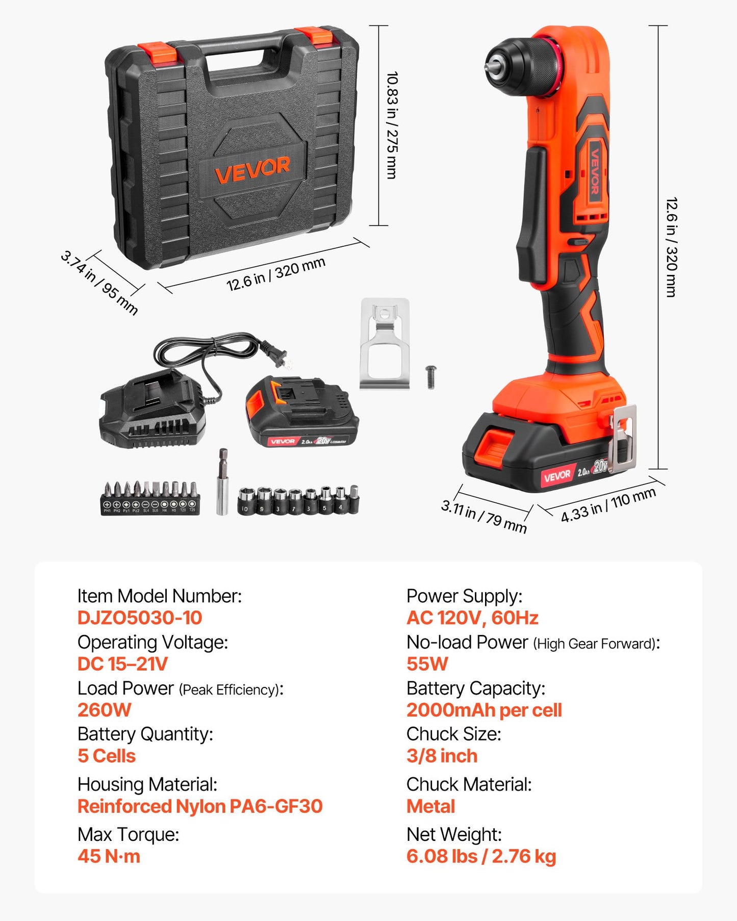 Right Angle Drill, 3/8 Inch Chuck, 90 Degree Cordless Right Angle Drill with Brushless Motor, Battery, Charger, and Belt Clip, Adjustable Speed, for Fastening and Loosening in Tight Spaces