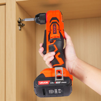 Right Angle Drill, 3/8 Inch Chuck, 90 Degree Cordless Right Angle Drill with Brushless Motor, Battery, Charger, and Belt Clip, Adjustable Speed, for Fastening and Loosening in Tight Spaces