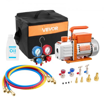 AC Vacuum Pump and Gauge Set, 4.5 CFM 1/3 HP, Single Stage Rotary Vane HVAC Vacuum Pump, A/C Manifold Gauge Kit, for R134a R22 R410a R1234YF R32, with Carry Bag, for Auto HVAC Air Conditioning