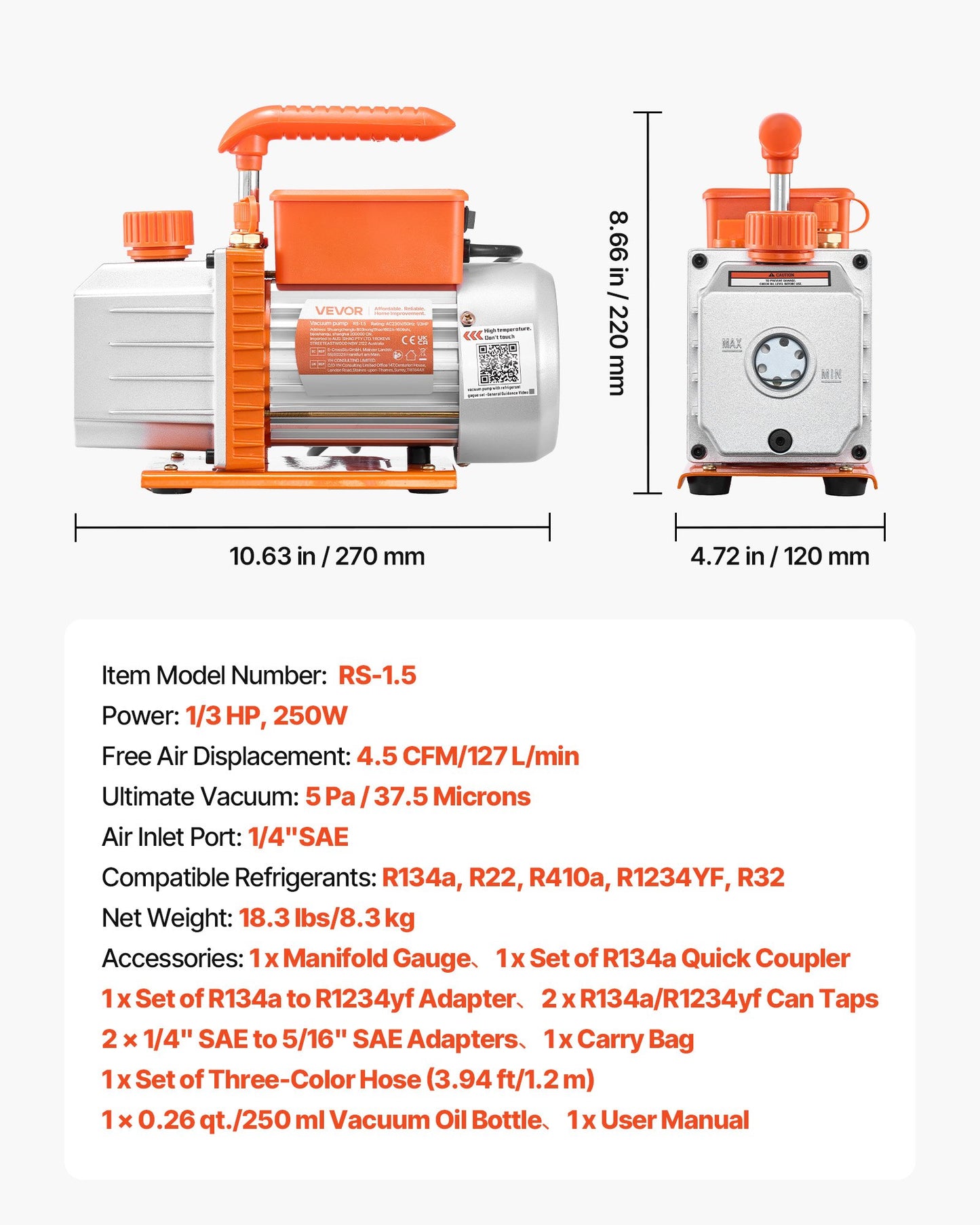 AC Vacuum Pump and Gauge Set, 4.5 CFM 1/3 HP, Single Stage Rotary Vane HVAC Vacuum Pump, A/C Manifold Gauge Kit, for R134a R22 R410a R1234YF R32, with Carry Bag, for Auto HVAC Air Conditioning