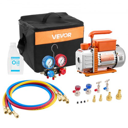 AC Vacuum Pump and Gauge Set, 3.5 CFM 1/4 HP, Single Stage Rotary Vane HVAC Vacuum Pump, A/C Manifold Gauge Kit, for R134a R22 R410a R1234YF R32, with Carry Bag, for Auto HVAC Air Conditioning