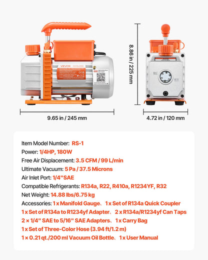 AC Vacuum Pump and Gauge Set, 3.5 CFM 1/4 HP, Single Stage Rotary Vane HVAC Vacuum Pump, A/C Manifold Gauge Kit, for R134a R22 R410a R1234YF R32, with Carry Bag, for Auto HVAC Air Conditioning