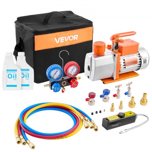 AC Vacuum Pump and Gauge Set, 7 CFM 3/4 HP, Two Stage Rotary Vane HVAC Vacuum Pump, A/C Manifold Gauge Kit, for R134a R22 R410a, with Leak Detector Carry Bag Hose, for Auto HVAC Air Conditioning
