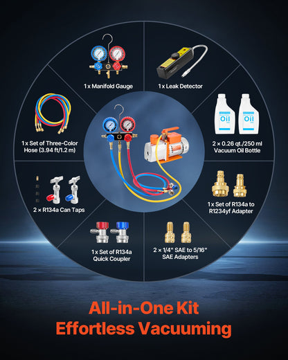 AC Vacuum Pump and Gauge Set, 7 CFM 3/4 HP, Two Stage Rotary Vane HVAC Vacuum Pump, A/C Manifold Gauge Kit, for R134a R22 R410a, with Leak Detector Carry Bag Hose, for Auto HVAC Air Conditioning