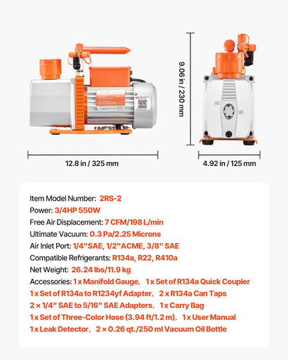 AC Vacuum Pump and Gauge Set, 7 CFM 3/4 HP, Two Stage Rotary Vane HVAC Vacuum Pump, A/C Manifold Gauge Kit, for R134a R22 R410a, with Leak Detector Carry Bag Hose, for Auto HVAC Air Conditioning