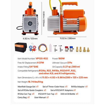 115 L/min AC vakuumpump och mätarsats, enstegs, roterande lamell HVAC luftvakuumpump, A/C köldmediumgrenrörsmätarsats, med läckagedetektor, bärväska, för R134a R22 R410a R1234YF köldmedium |  EU