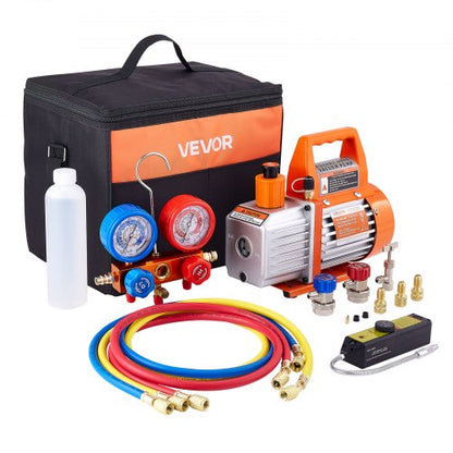4 CFM AC Vacuum Pump and Gauge Set, 1/3 HP, Single Stage Rotary Vane HVAC Air Vacuum Pump, A/C Refrigerant Manifold Gauge Kit, with Leak Detector, Carry Bag, for R134a R22 R410a Refrigerants