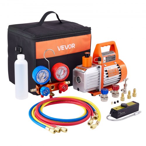 4 CFM AC Vacuum Pump and Gauge Set, 1/3 HP, Single Stage Rotary Vane HVAC Air Vacuum Pump, A/C Refrigerant Manifold Gauge Kit, with Leak Detector, Carry Bag, for R134a R22 R410a Refrigerants