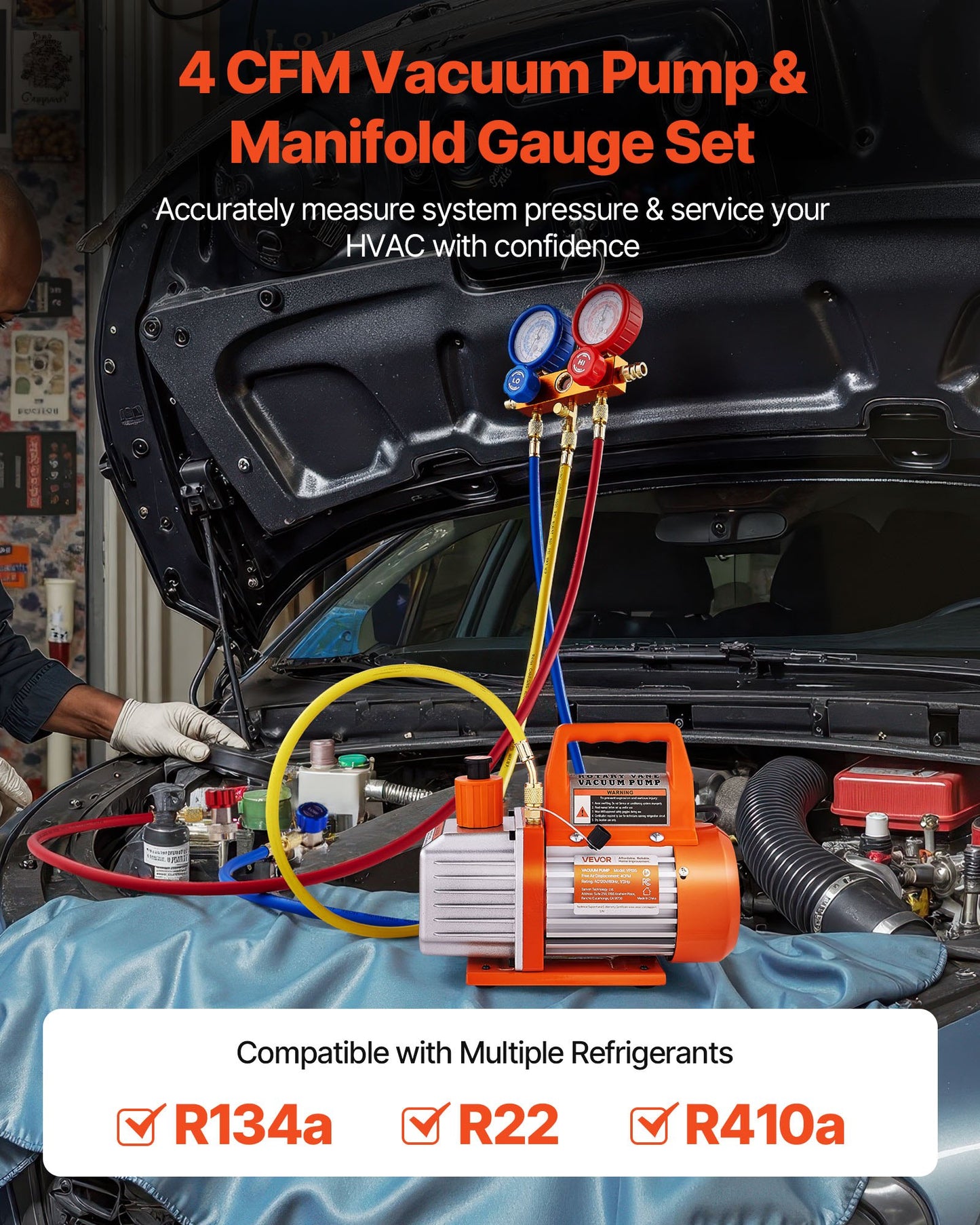 4 CFM AC Vacuum Pump and Gauge Set, 1/3 HP, Single Stage Rotary Vane HVAC Air Vacuum Pump, A/C Refrigerant Manifold Gauge Kit, with Leak Detector, Carry Bag, for R134a R22 R410a Refrigerants