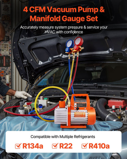 4 CFM AC Vacuum Pump and Gauge Set, 1/3 HP, Single Stage Rotary Vane HVAC Air Vacuum Pump, A/C Refrigerant Manifold Gauge Kit, with Leak Detector, Carry Bag, for R134a R22 R410a Refrigerants