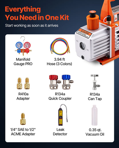 4 CFM AC Vacuum Pump and Gauge Set, 1/3 HP, Single Stage Rotary Vane HVAC Air Vacuum Pump, A/C Refrigerant Manifold Gauge Kit, with Leak Detector, Carry Bag, for R134a R22 R410a Refrigerants