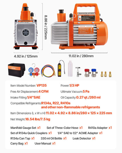4 CFM AC Vacuum Pump and Gauge Set, 1/3 HP, Single Stage Rotary Vane HVAC Air Vacuum Pump, A/C Refrigerant Manifold Gauge Kit, with Leak Detector, Carry Bag, for R134a R22 R410a Refrigerants