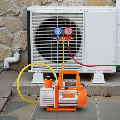 4 CFM AC Vacuum Pump and Gauge Set, 1/3 HP, Single Stage Rotary Vane HVAC Air Vacuum Pump, A/C Refrigerant Manifold Gauge Kit, with Leak Detector, Carry Bag, for R134a R22 R410a Refrigerants