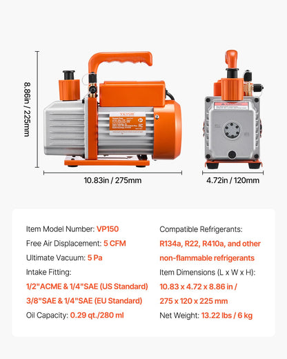 Vacuum Pump, 5 CFM, HVAC Single Stage Rotary Vane Vacuum Pump, for R134a R22 R410a Systems, Auto AC Vacuum Pump Kit with Oil Bottle, for Automotive Air Conditioner Maintenance Resin Degassing
