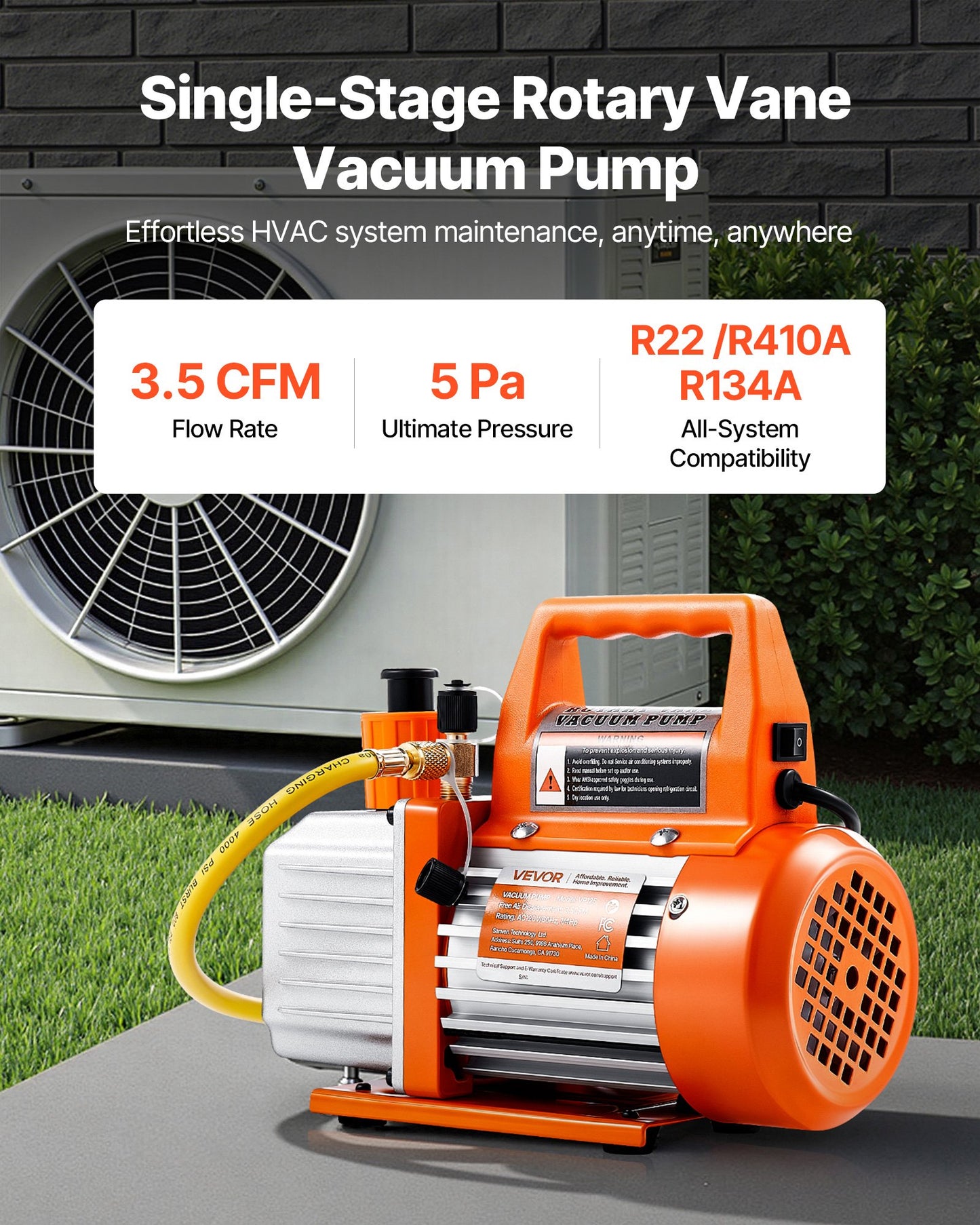 Vacuum Pump, 3.5 CFM 1/4 HP, HVAC Single Stage Rotary Vane AC Vacuum Pump, for R134a R22 R410a Systems, with Oil Bottle, 1720 PRM, for Automotive Air Conditioner Maintenance Resin Degassing