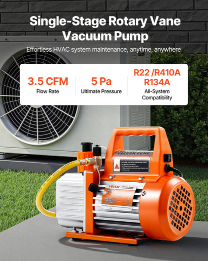 Vacuum Pump, 3.5 CFM 1/4 HP, HVAC Single Stage Rotary Vane AC Vacuum Pump, for R134a R22 R410a Systems, with Oil Bottle, 1720 PRM, for Automotive Air Conditioner Maintenance Resin Degassing