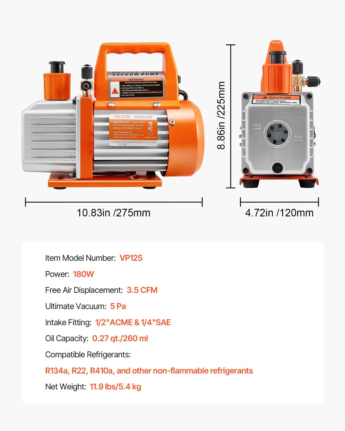 Vacuum Pump, 3.5 CFM 1/4 HP, HVAC Single Stage Rotary Vane AC Vacuum Pump, for R134a R22 R410a Systems, with Oil Bottle, 1720 PRM, for Automotive Air Conditioner Maintenance Resin Degassing