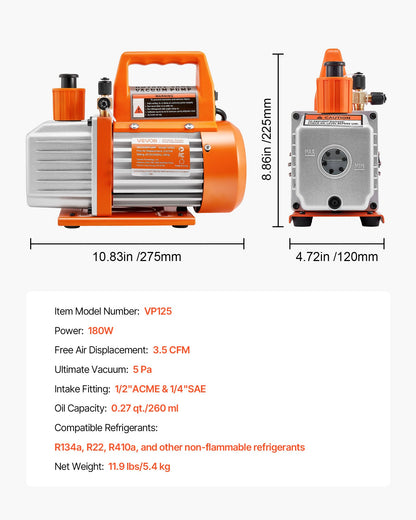 Vacuum Pump, 3.5 CFM 1/4 HP, HVAC Single Stage Rotary Vane AC Vacuum Pump, for R134a R22 R410a Systems, with Oil Bottle, 1720 PRM, for Automotive Air Conditioner Maintenance Resin Degassing